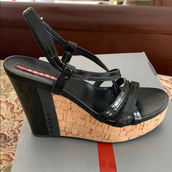 Prada Black Patent Leather Wedges